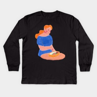 Woman eats lunch from a lunch box Kids Long Sleeve T-Shirt